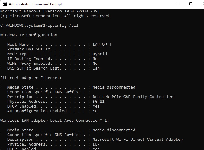Viewing network adapter details using the command prompt.