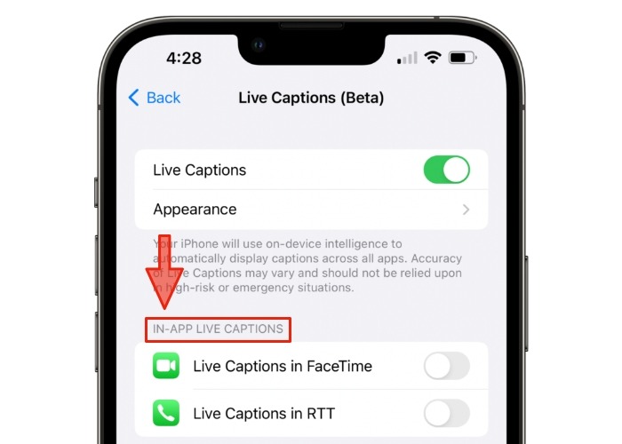 Live Cap In App Menu