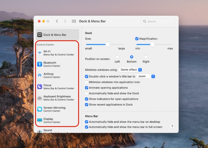 Monterey Control Center Toggles