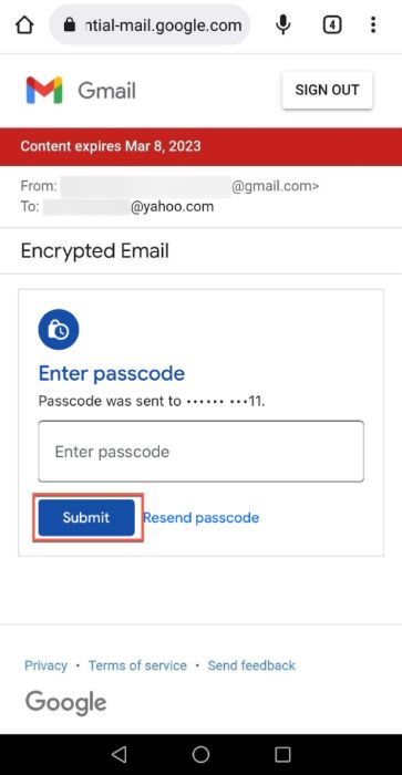 Pressing on "Submit" button after inputting password for encrypted email. 