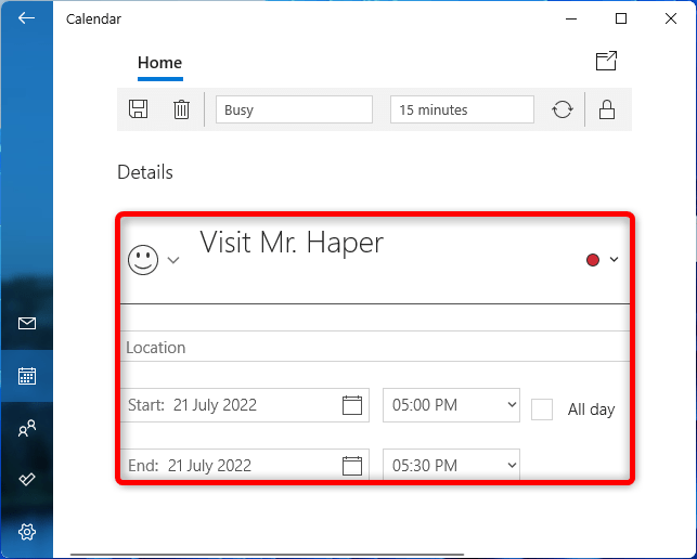 Windows Reminders Calendar Add Reminder Enter Details 1
