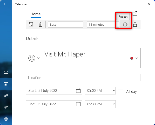 Windows Reminders Calendar Reminder Repeat 1