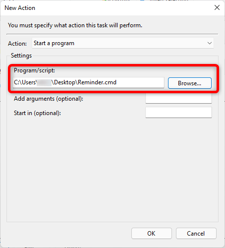 Windows Reminders Task Scheduler Create Task Actions Cmd