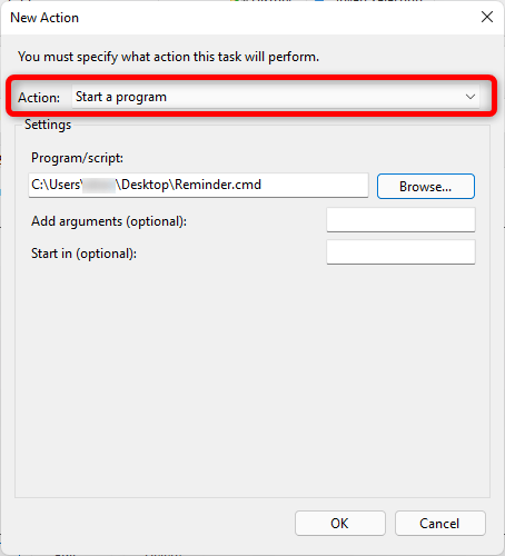Windows Reminders Task Scheduler Create Task Actions Start A Program