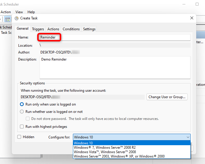 Windows Reminders Task Scheduler Create Task General 1