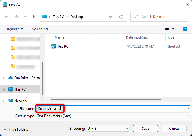 Windows Reminders Task Scheduler Notepad Save As .cmd 1 1