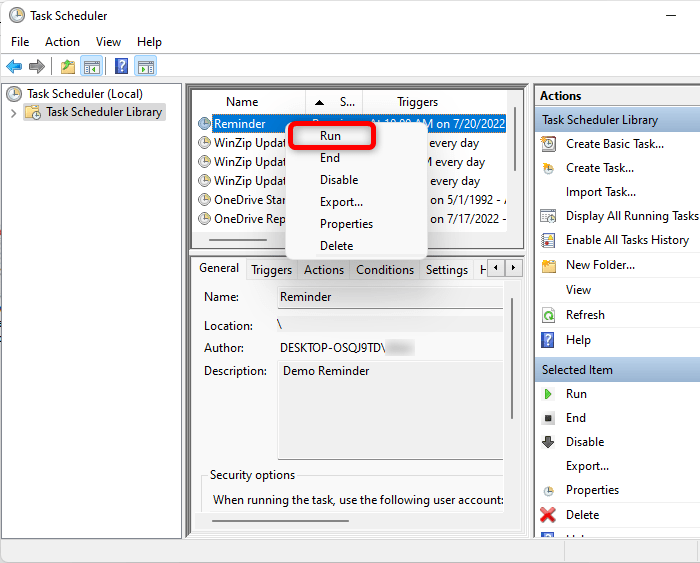 Windows Reminders Task Scheduler Run