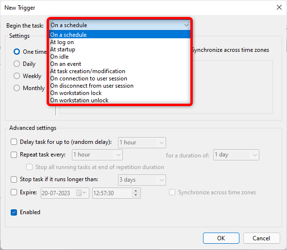 Windows Reminders Task Scheduler Task Trigger Begin