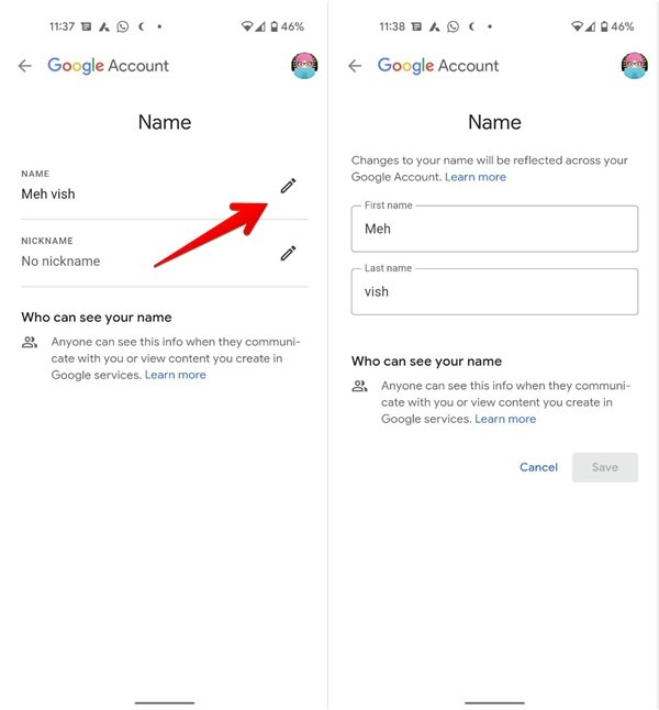 Android Gmail Personal Info Name