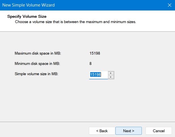 Specify Volume Size in Windows.