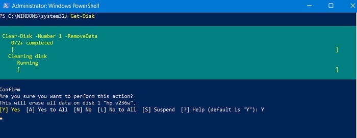 Formating a USB drive process being shown in a PowerShell window.