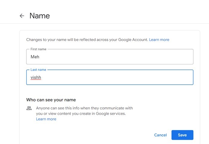 Gmail Web Personal Info Name Save