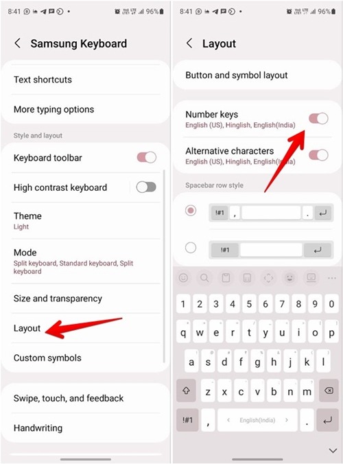 Enabling "Number keys" option under "Layout" in Samsung Keyboard Settings.