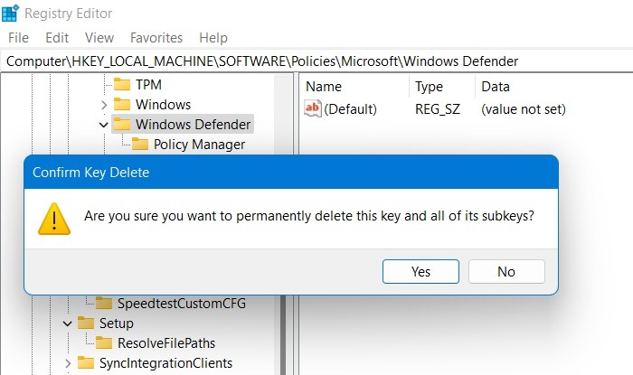 This Setting Managed Admin Windows11 Delete Defender Key Confirmation 1