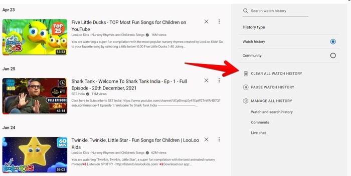 Youtube Computer Clear All History