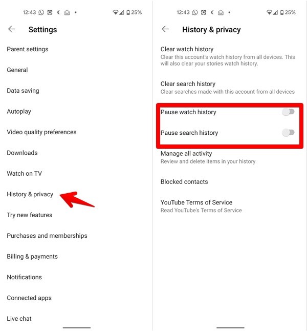 Youtube Mobile Pause History