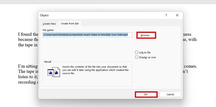 Add Video Word Browse For Video