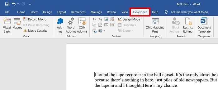 Add Video Word Developer Tab