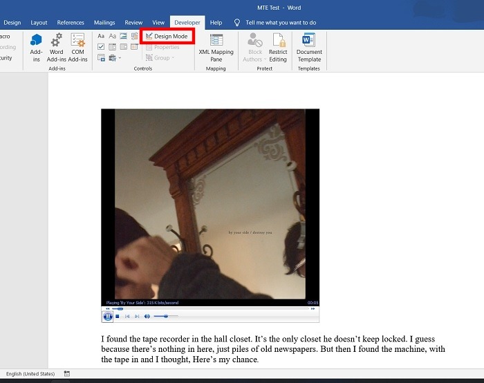 Add Video Word Exit Design Mode