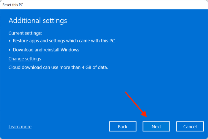 Confirming the settings before resetting the PC