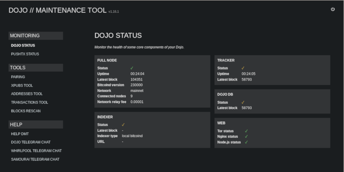 Bitcoin Dojo Install 21 Summary Screen