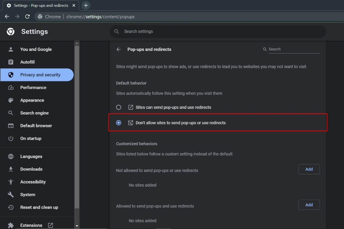 Check The Dont Allow Sites To Send Pop Ups Or Use Redirects Option in Chrome