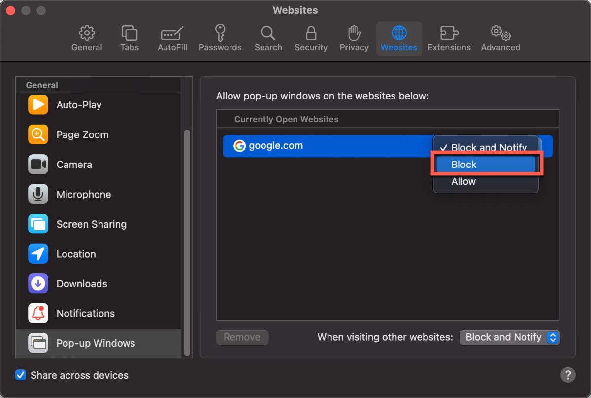 Click Block In The Dropdown Menu in Safari