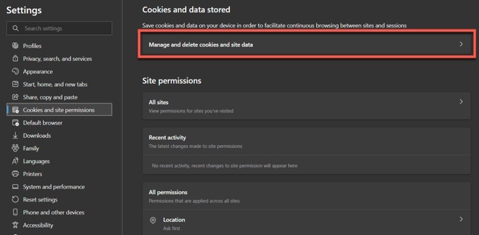 Click On Manage Cookies And Site Permissions