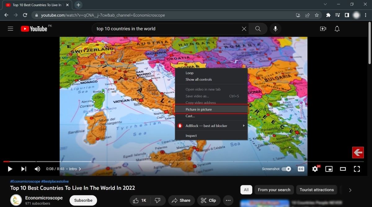 Selecting "Picture in picture" option from YouTube video in browser.