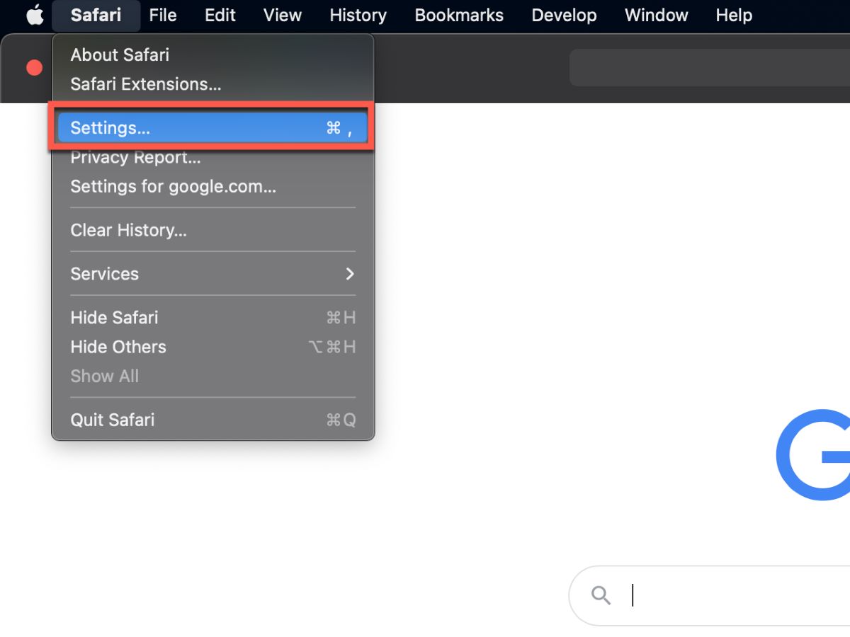Select Settings in Safari