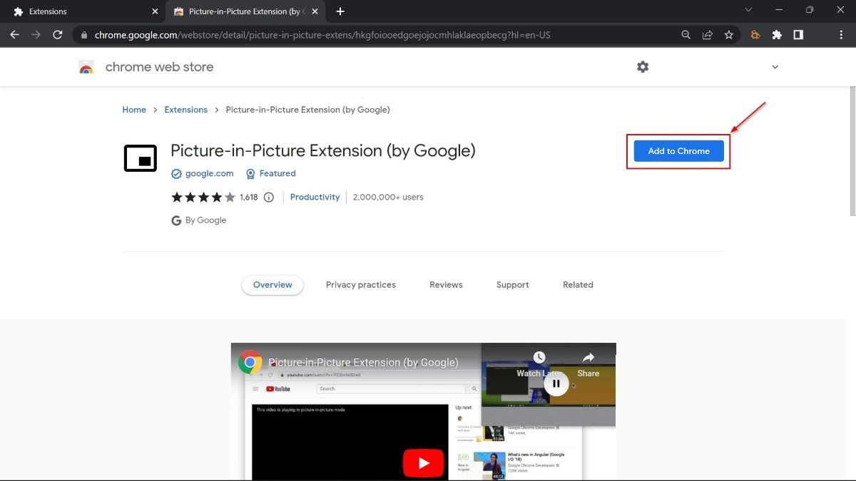 Clicking "Add to Chrome" button to install extension.