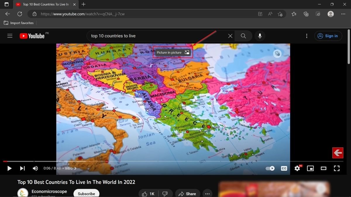 Clicking on "Picture in picture" option in Microsoft Edge.