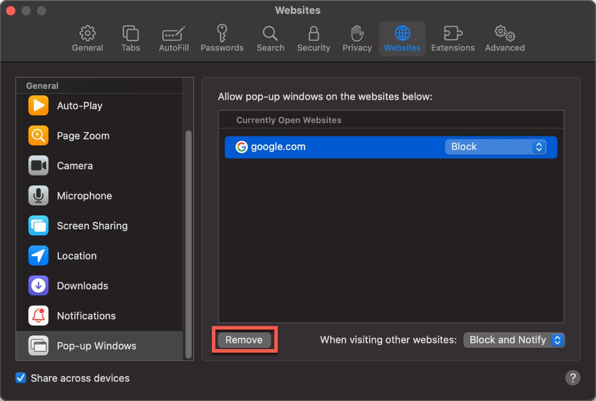 Click The Remove Button To Block Pop Ups in Safari