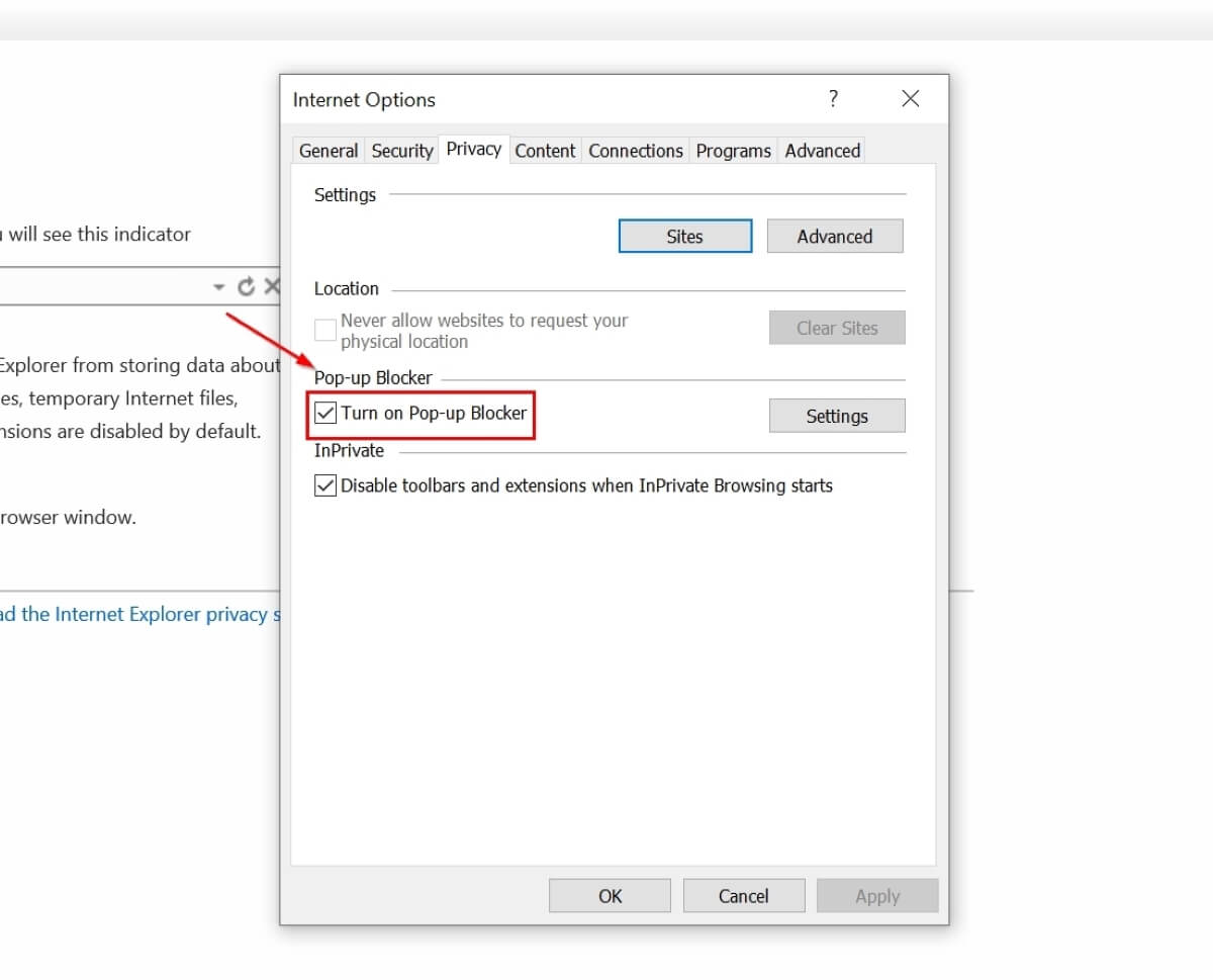 Turn On Pop Up Blocker Check Box in IE11