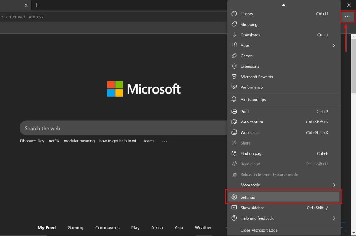 Select Settings on Edge