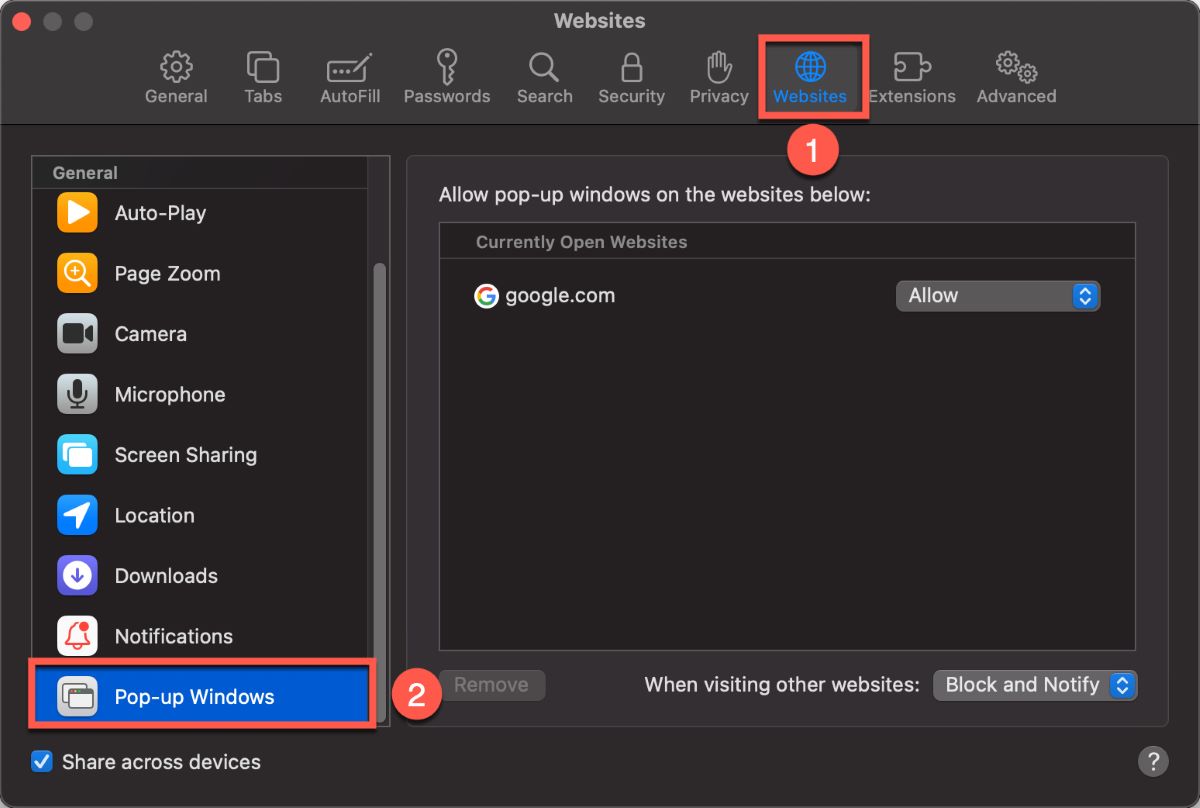 Select Pop Up Windows in Safari