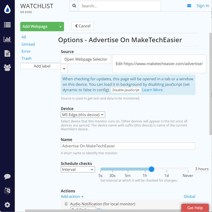 Distill Web Monitor Add Webpage Options