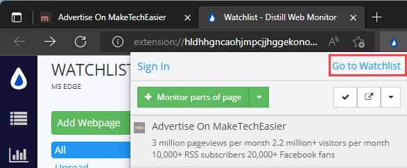 Distill Web Monitor Extension Menu Goto Watchlist