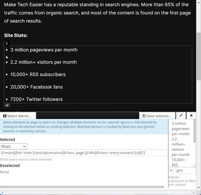 Distill Web Monitor Visual Inspector Selected