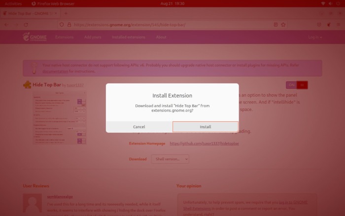 Hide Top Bar Ubuntu 13 Extension Page Confirm Install