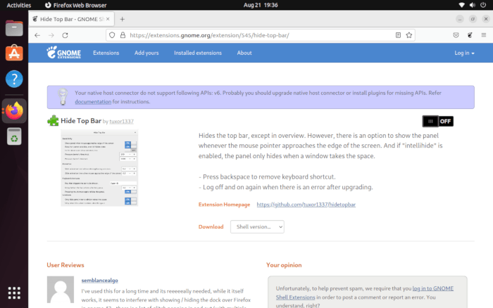 Hide Top Bar Ubuntu 15 Extension Disable