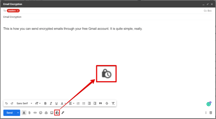 Clicking on "Lock" button in email creation window in Gmail app for desktop. 