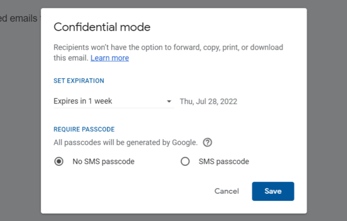 Confidential mode in Gmail app for desktop view with options.