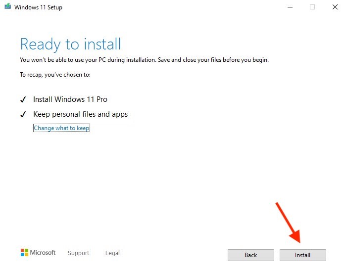 Clicking the "Install" button to reinstall Windows 11