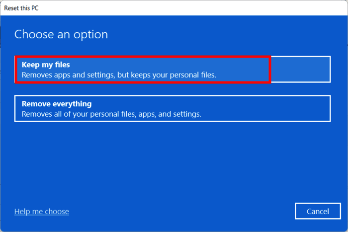 Selecting the option "Keep my files" before resetting the PC