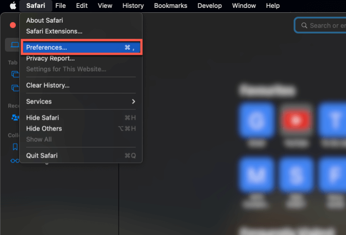 Open Preferences Safari