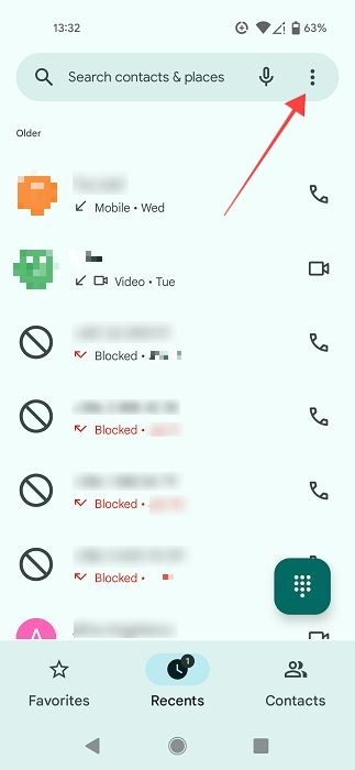 Three dots menu in Google Phone app. 