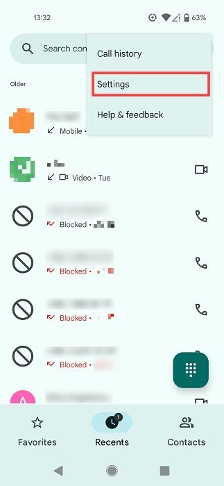 Settings option in Google Phone app.