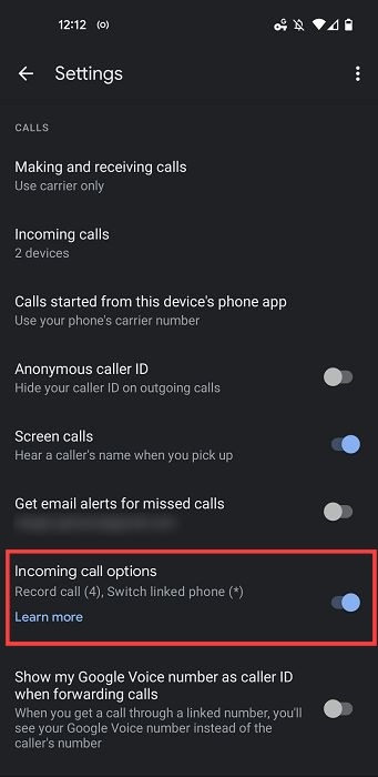 "Incoming call options" in Google Voice Settings.