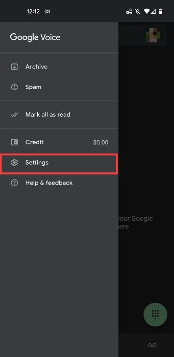Google Voice menu showing Settings option. 